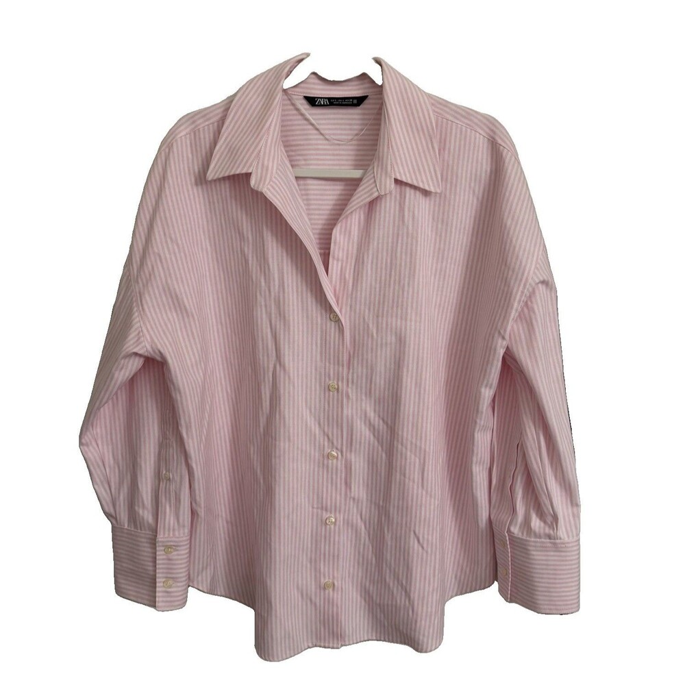 Zara Shirt Womens Large Pink White Striped Button Down Oversized Long Sleeve